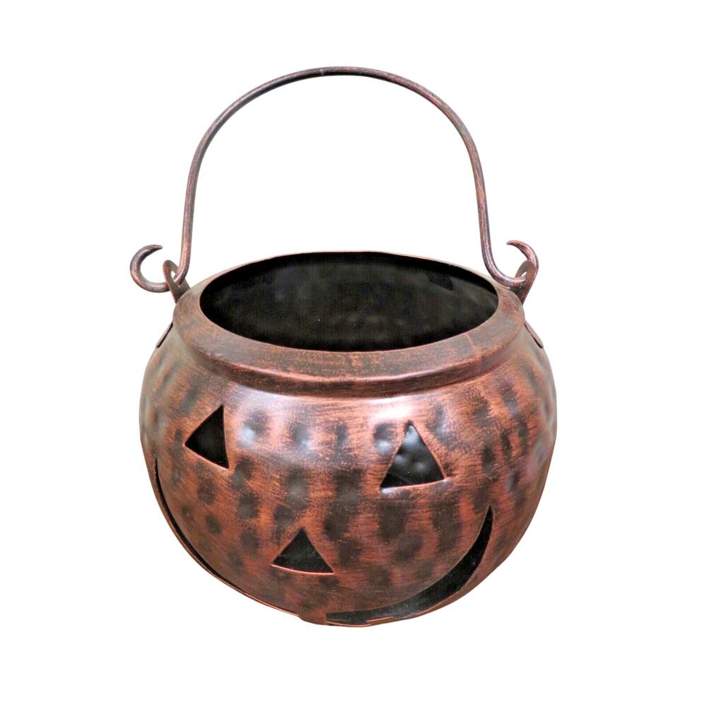 Halloween Hammered Metal Pumpkin Cauldron Candle Holder W/ Handle 6"